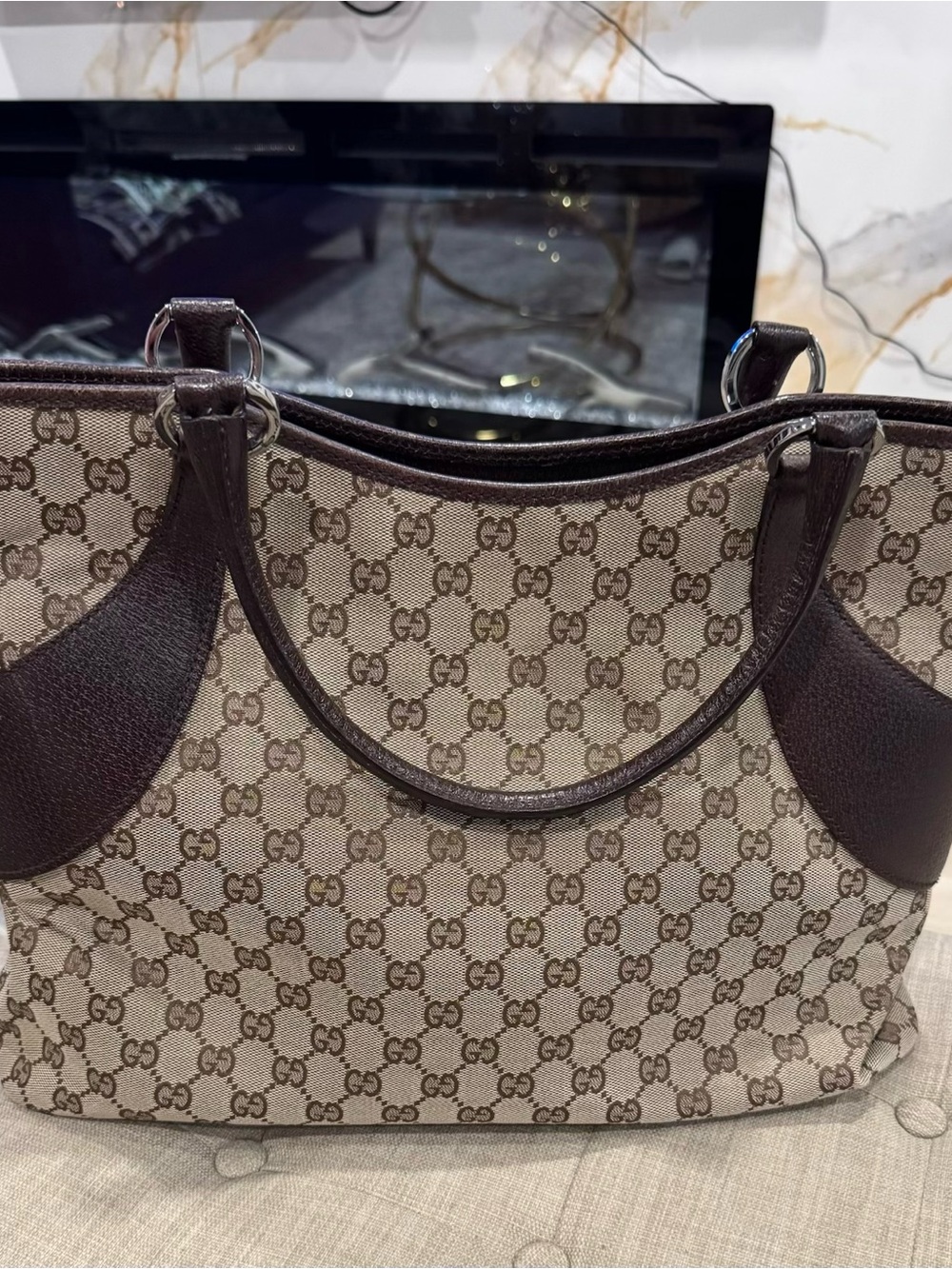 Gucci Brown and Beige GG Canvas Tote with Dark Brown Leather Trim